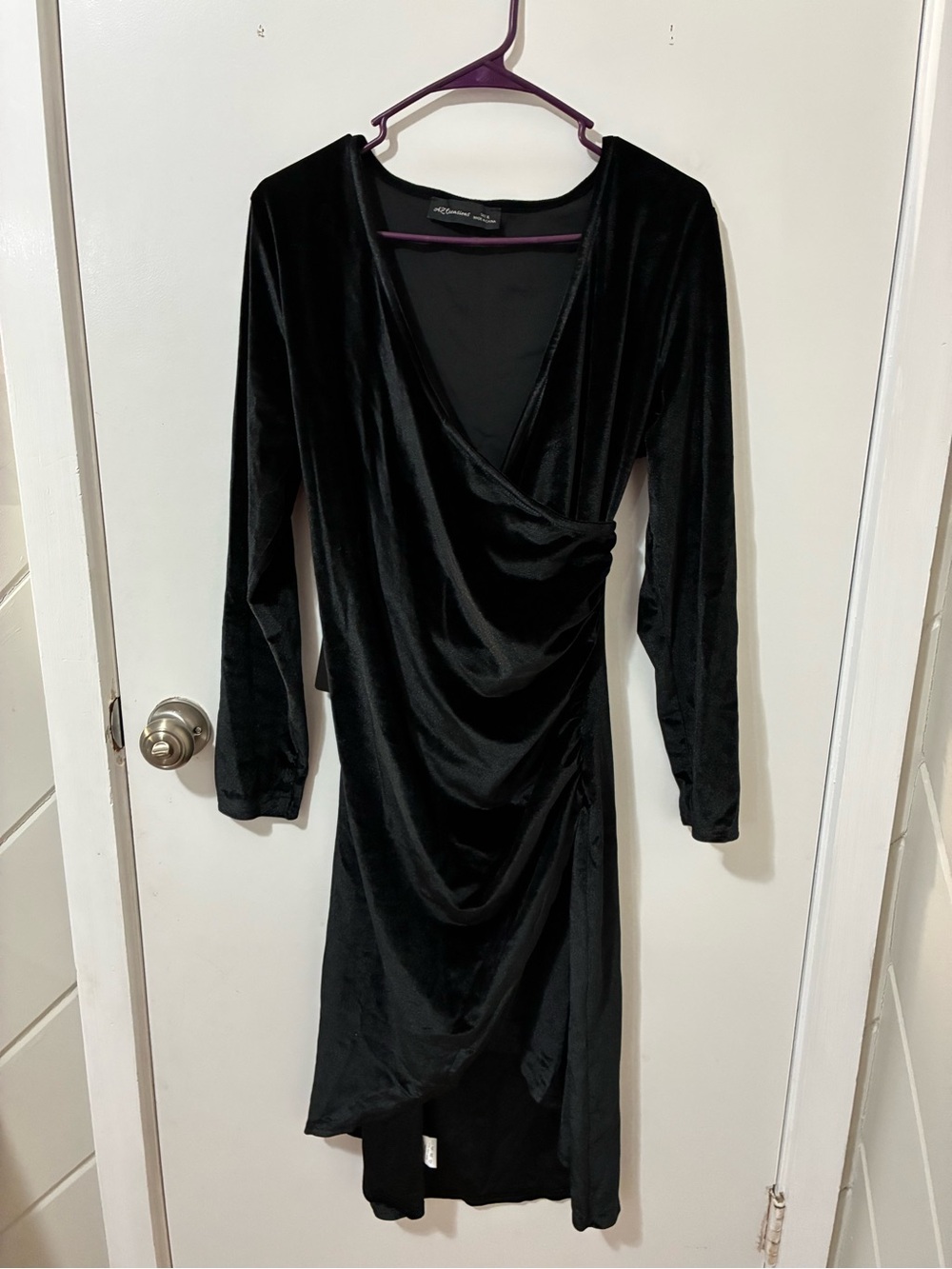 Occasion Black Velvet Long Sleeve Draped Wrap Dress